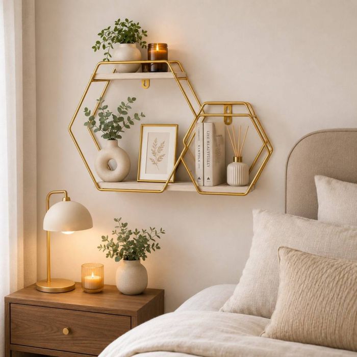 رف حائط سداسي هندسي للتخزين والديكور 42×24×10 سم